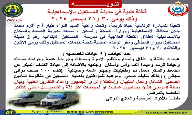 محافظ الإسماعيلية يوجه بتنظيم قافلة طبية لأهالي المستقبل يومي٣٠ و٣١ديس