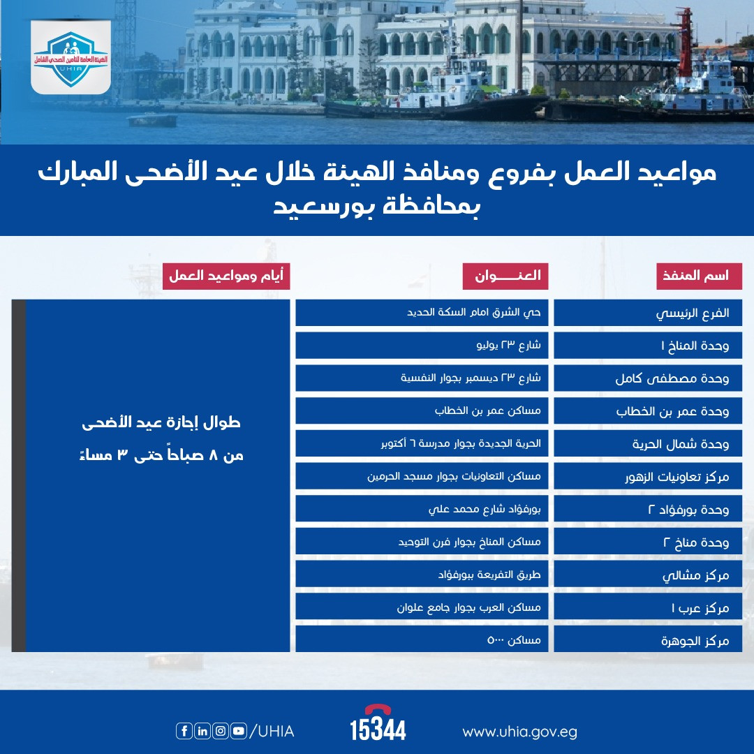 مواعيد التامين الصحي في العيد