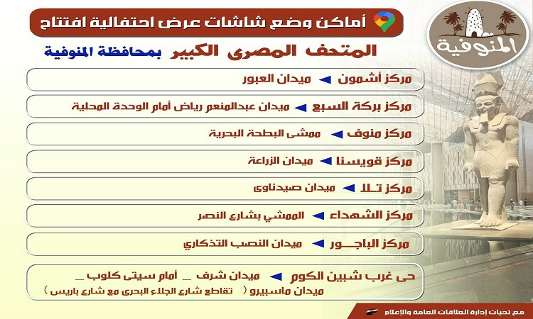 محافظ المنوفية: شاشات عملاقة بالميادين لنقل احتفالية افتتاح المتحف الم