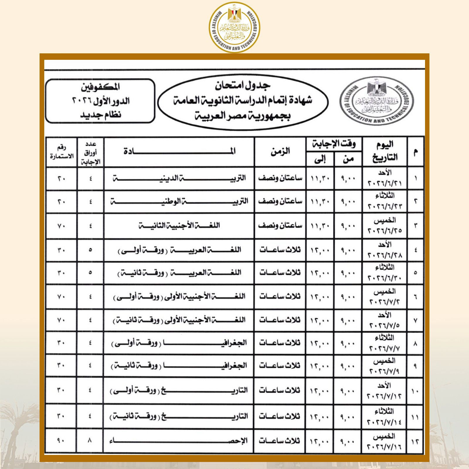 وزير التربية والتعليم يعتمد جدول امتحانات شهادة إتمام الثانوية العامة