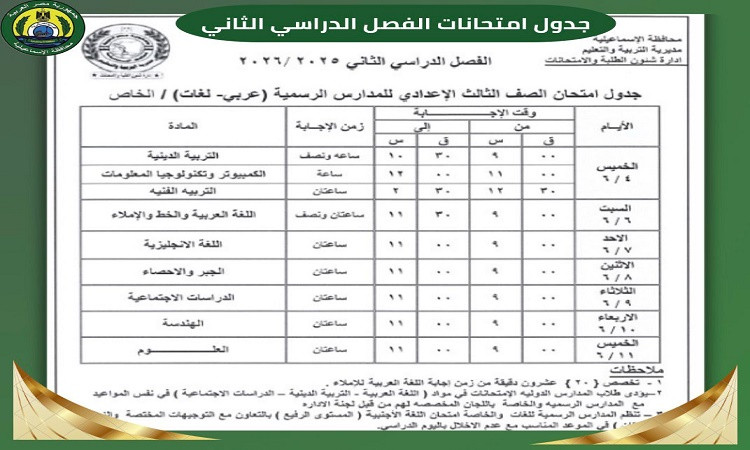 محافظ الإسماعيلية يعتمد جداول امتحانات الفصل الثاني للعام الدراسي ٢٠٢٥