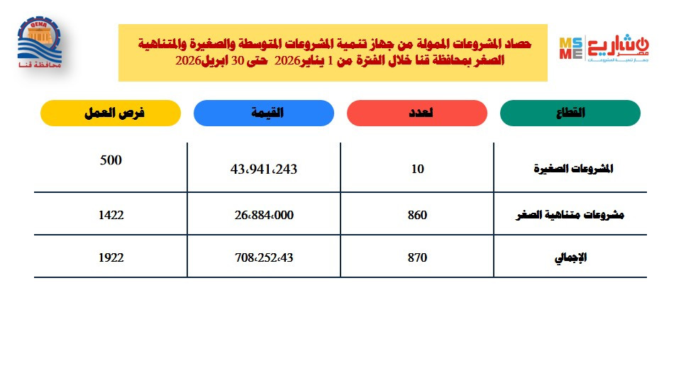708 ملايين جنيه لتمويل 870 مشروعا صغيرا ومتناهي الصغر بقنا خلال 4 أشهر